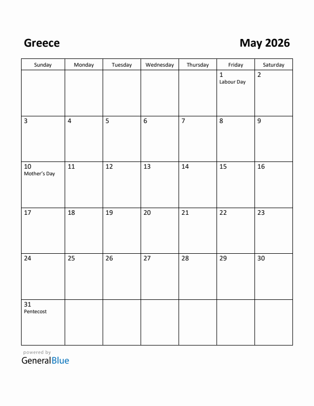 May 2026 Calendar with Greece Holidays