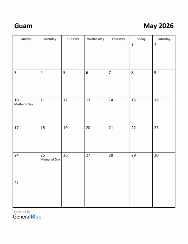 May 2026 Calendar with Guam Holidays