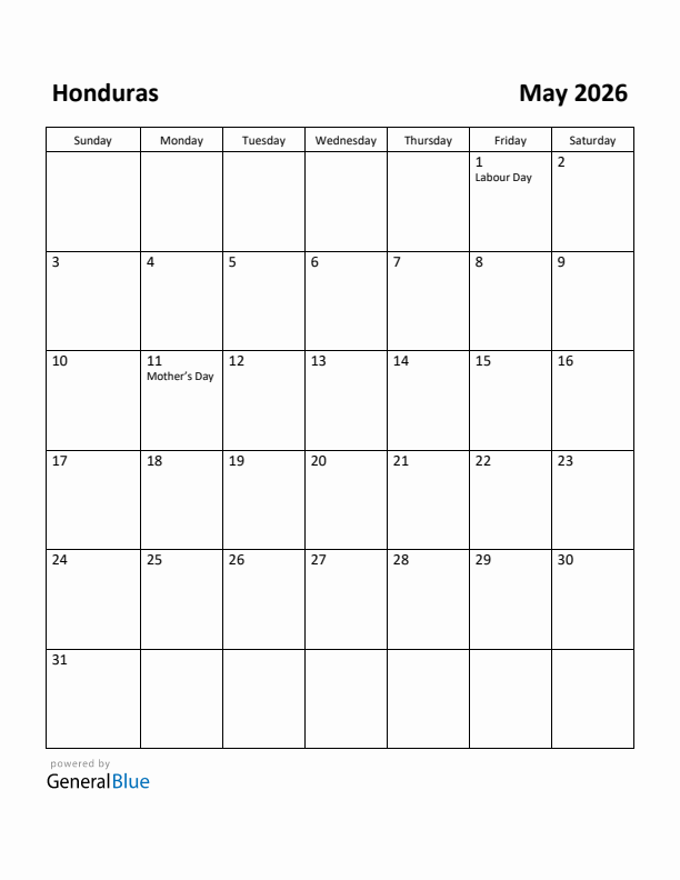 May 2026 Calendar with Honduras Holidays