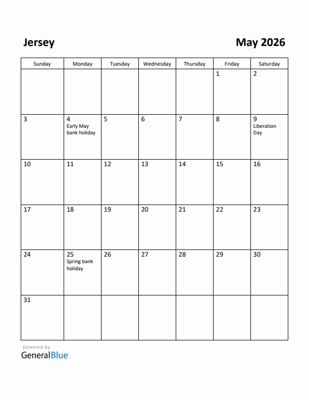 May 2026 Calendar with Jersey Holidays