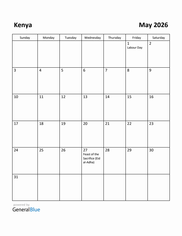 May 2026 Calendar with Kenya Holidays