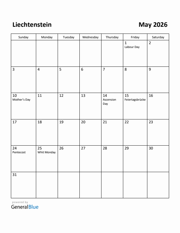 May 2026 Calendar with Liechtenstein Holidays