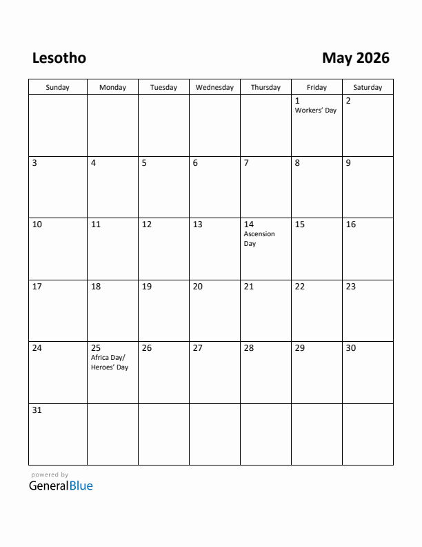 May 2026 Calendar with Lesotho Holidays