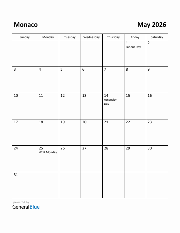 May 2026 Calendar with Monaco Holidays