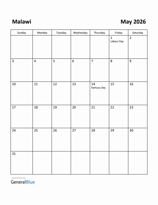 May 2026 Calendar with Malawi Holidays