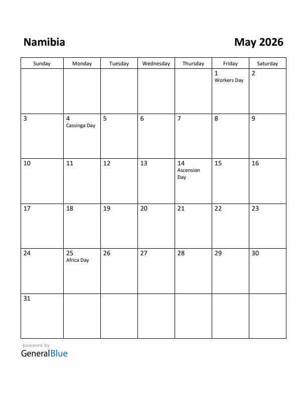 May 2026 Calendar with Namibia Holidays