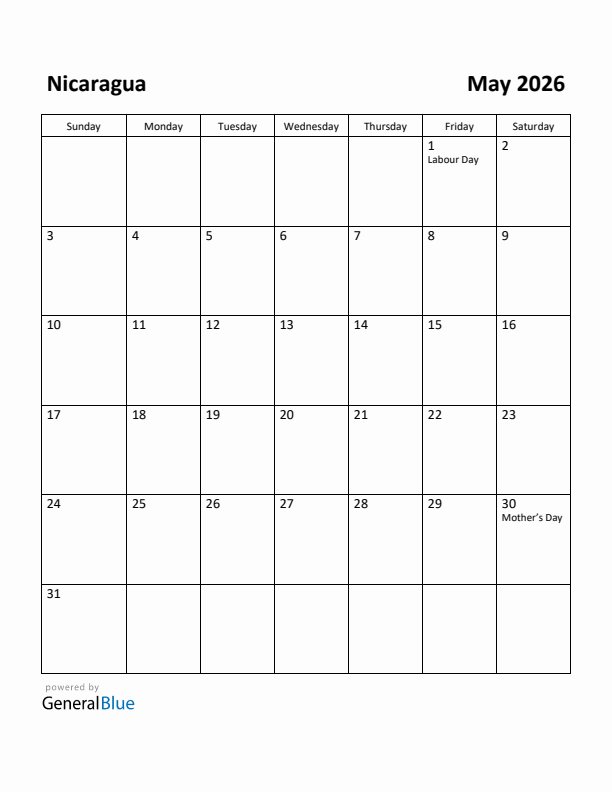 May 2026 Calendar with Nicaragua Holidays