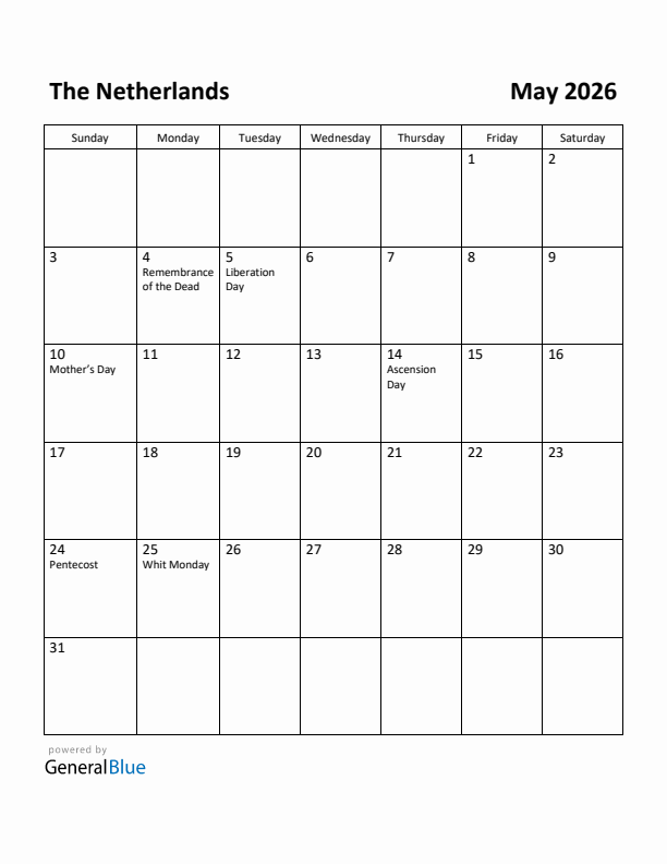 May 2026 Calendar with The Netherlands Holidays