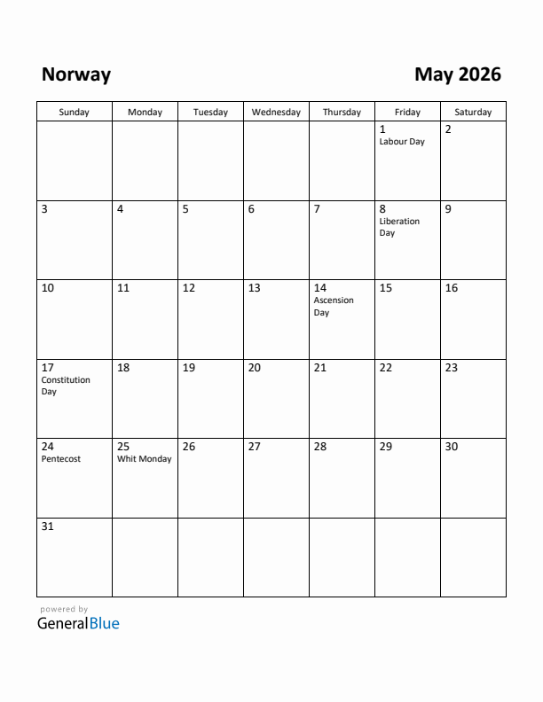 May 2026 Calendar with Norway Holidays