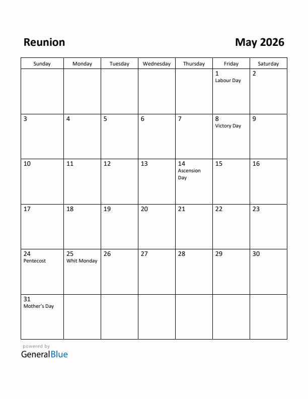 May 2026 Calendar with Reunion Holidays