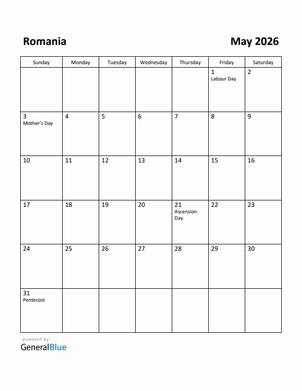 May 2026 Calendar with Romania Holidays