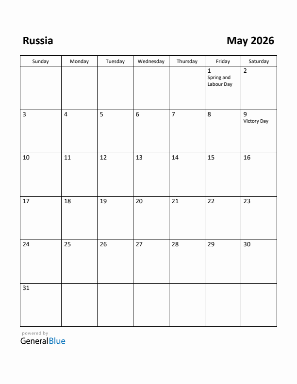 May 2026 Calendar with Russia Holidays