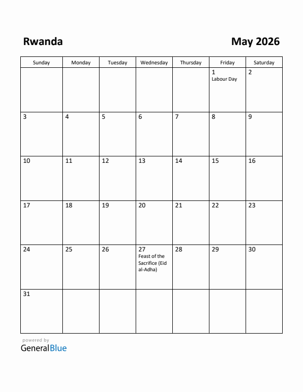 May 2026 Calendar with Rwanda Holidays