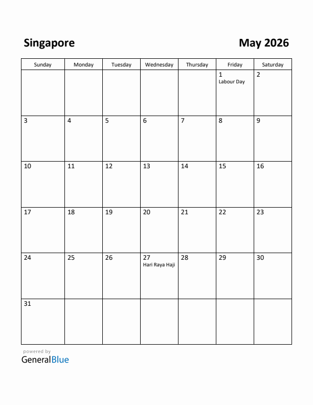 May 2026 Calendar with Singapore Holidays