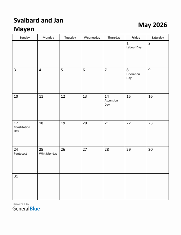 May 2026 Calendar with Svalbard and Jan Mayen Holidays