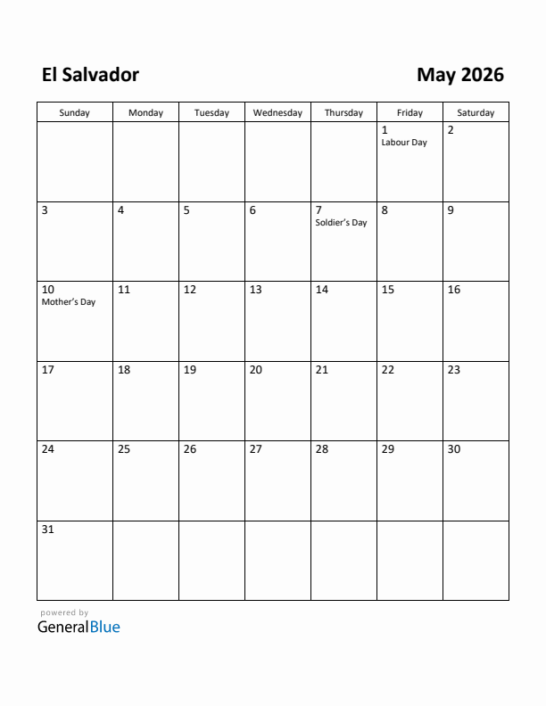 May 2026 Calendar with El Salvador Holidays