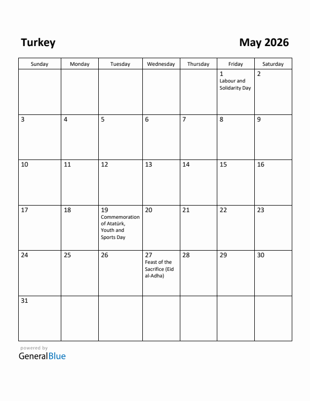 May 2026 Calendar with Turkey Holidays