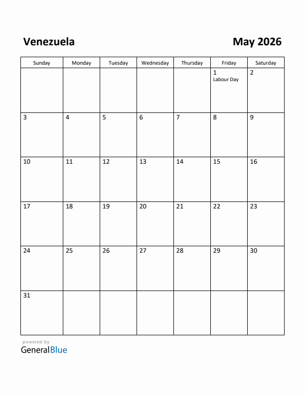 May 2026 Calendar with Venezuela Holidays