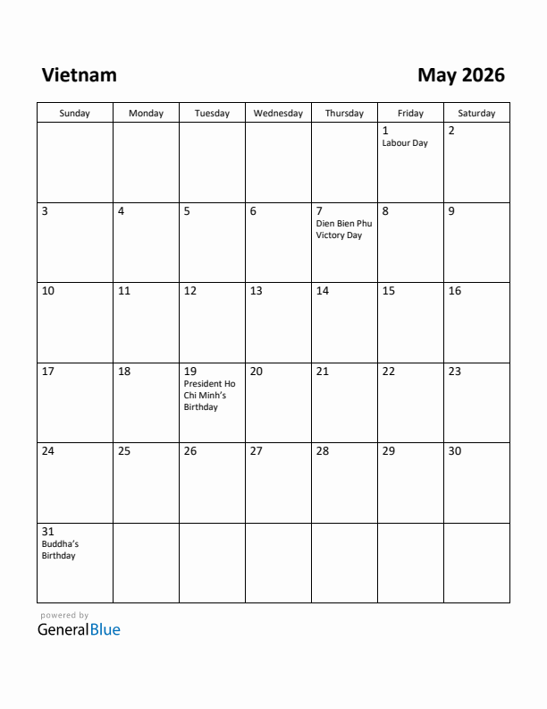 May 2026 Calendar with Vietnam Holidays