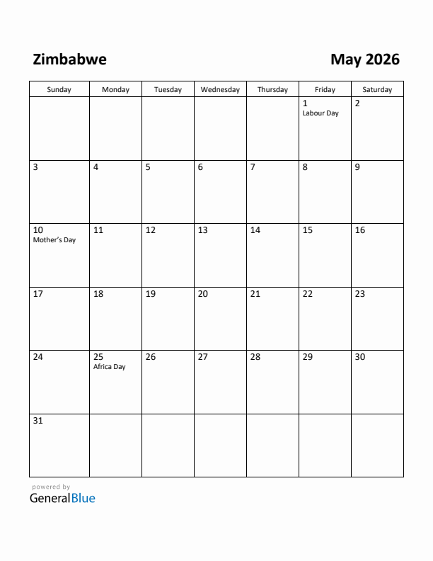 May 2026 Calendar with Zimbabwe Holidays