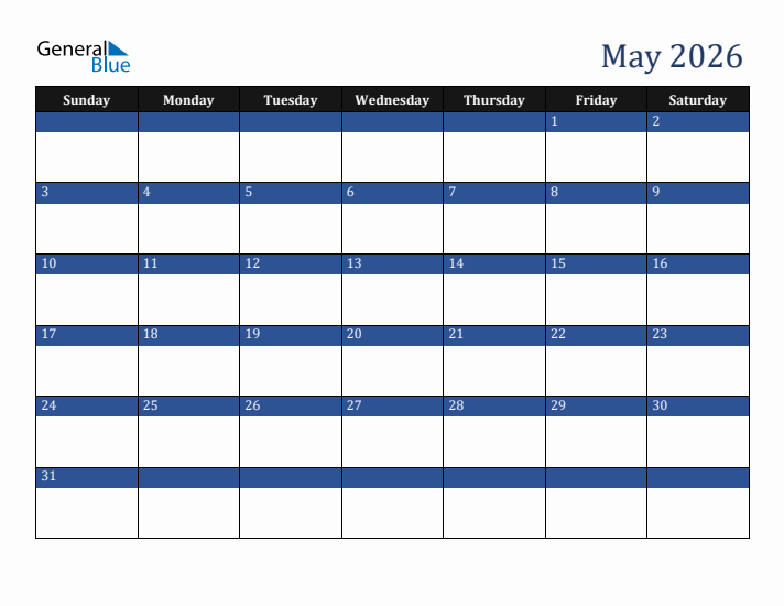 Sunday Start Calendar for May 2026