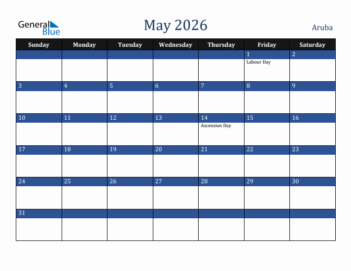 May 2026 Aruba Calendar (Sunday Start)