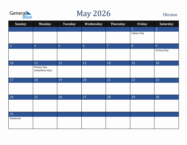 May 2026 Ukraine Calendar (Sunday Start)