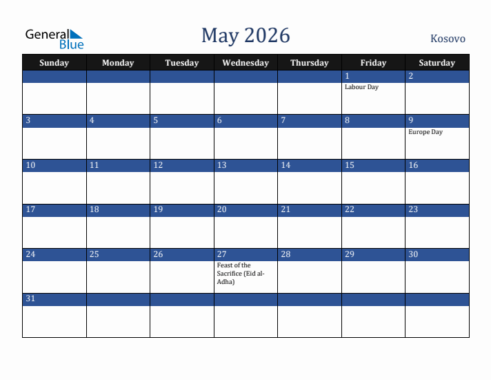 May 2026 Kosovo Calendar (Sunday Start)