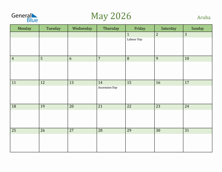 May 2026 Calendar with Aruba Holidays