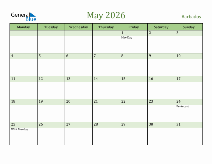 May 2026 Calendar with Barbados Holidays