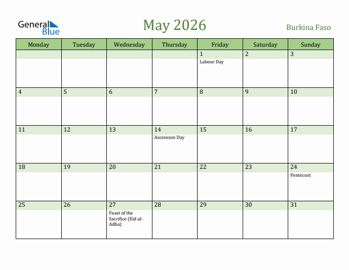 May 2026 Calendar with Burkina Faso Holidays