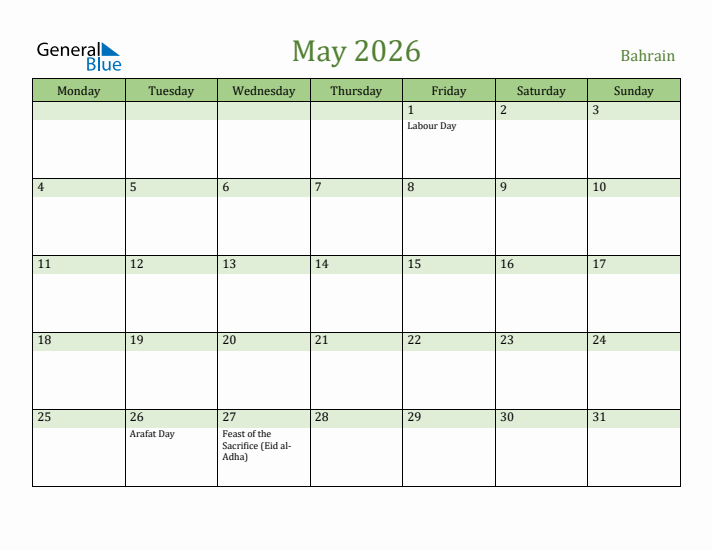 May 2026 Calendar with Bahrain Holidays