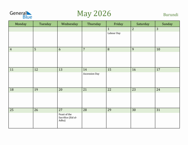 May 2026 Calendar with Burundi Holidays