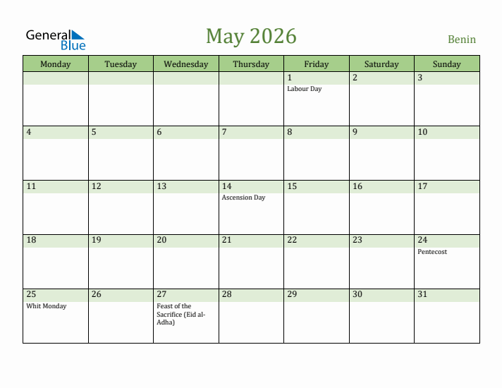 May 2026 Calendar with Benin Holidays