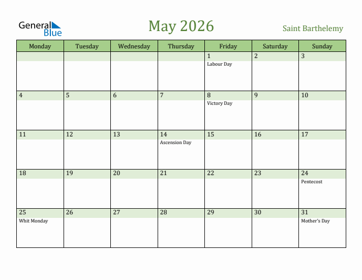 May 2026 Calendar with Saint Barthelemy Holidays