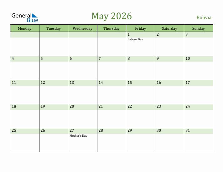 May 2026 Calendar with Bolivia Holidays