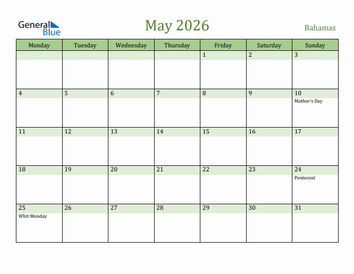 May 2026 Calendar with Bahamas Holidays