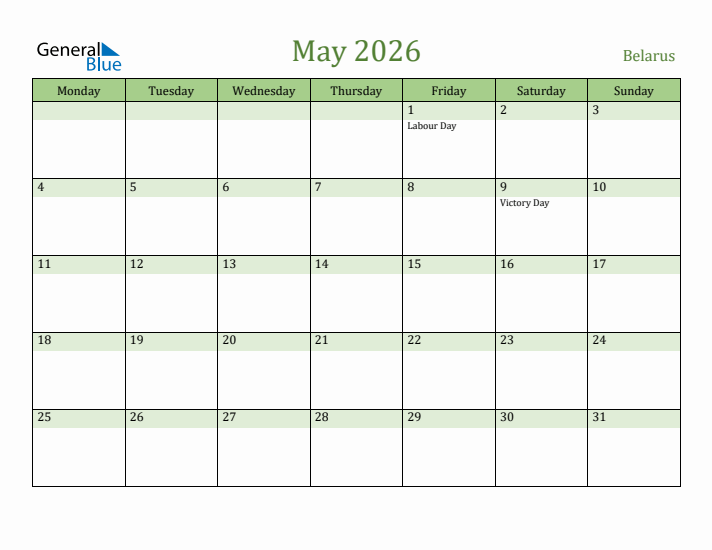 May 2026 Calendar with Belarus Holidays