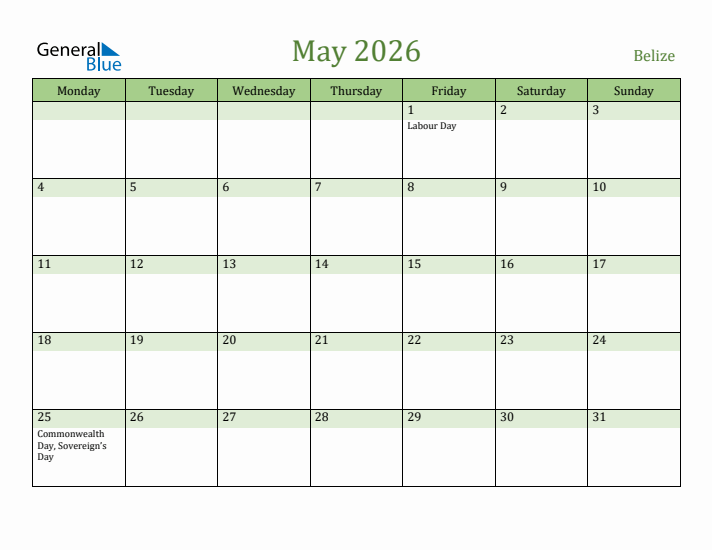 May 2026 Calendar with Belize Holidays