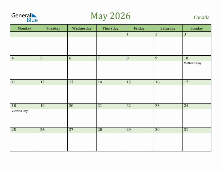 May 2026 Calendar with Canada Holidays