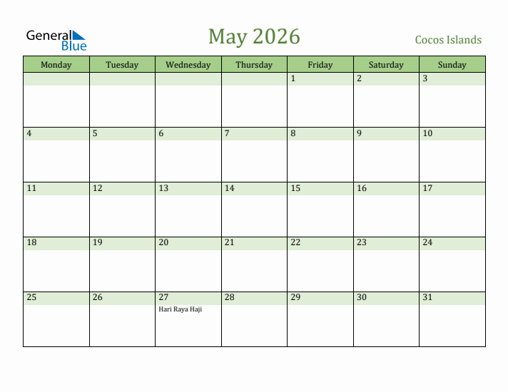 May 2026 Calendar with Cocos Islands Holidays