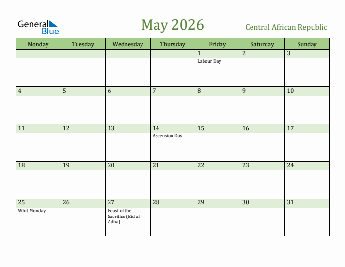 May 2026 Calendar with Central African Republic Holidays