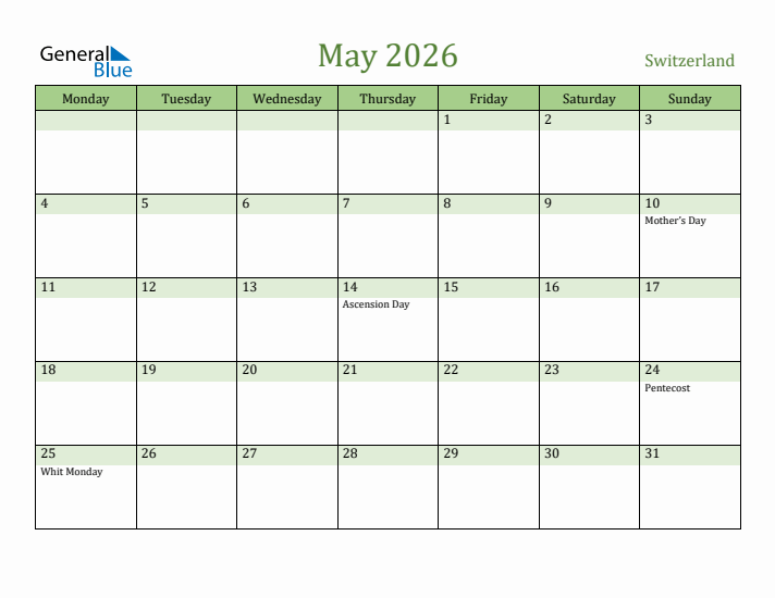 May 2026 Calendar with Switzerland Holidays