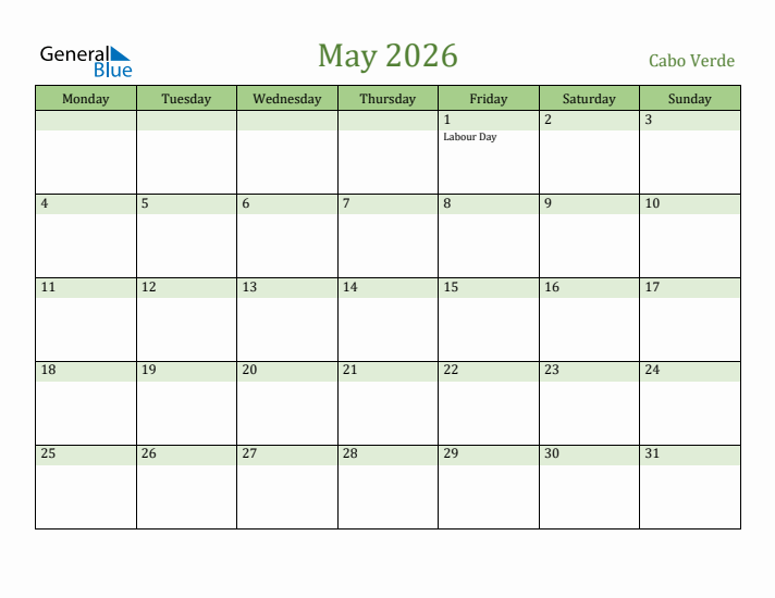 May 2026 Calendar with Cabo Verde Holidays