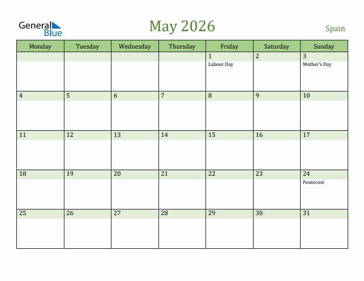 May 2026 Calendar with Spain Holidays