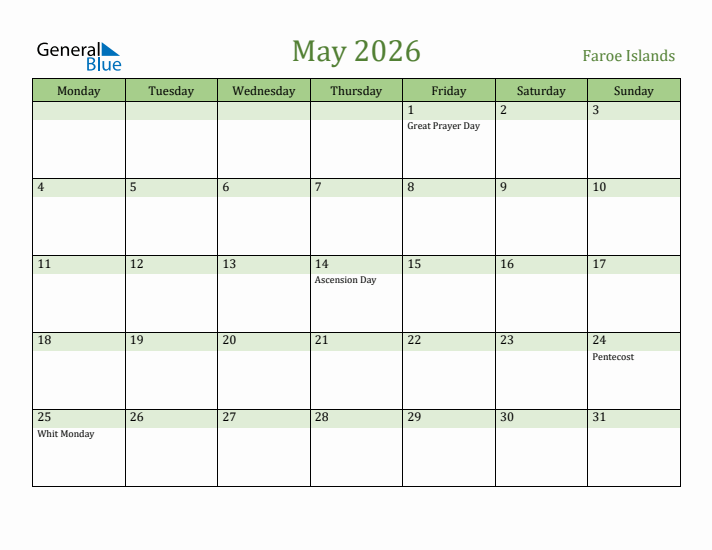 May 2026 Calendar with Faroe Islands Holidays