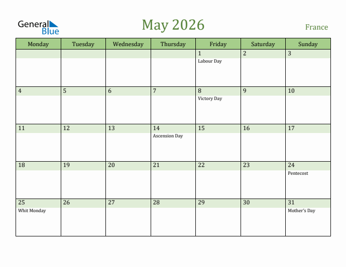 May 2026 Calendar with France Holidays