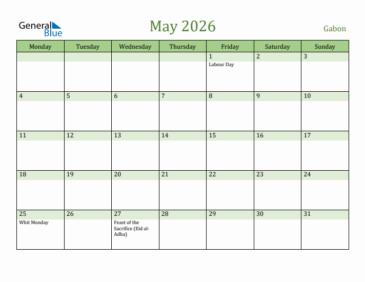 May 2026 Calendar with Gabon Holidays