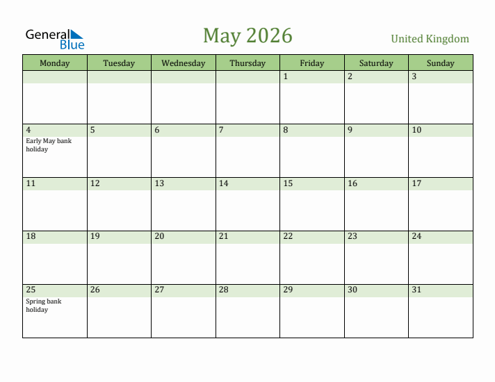 May 2026 Calendar with United Kingdom Holidays