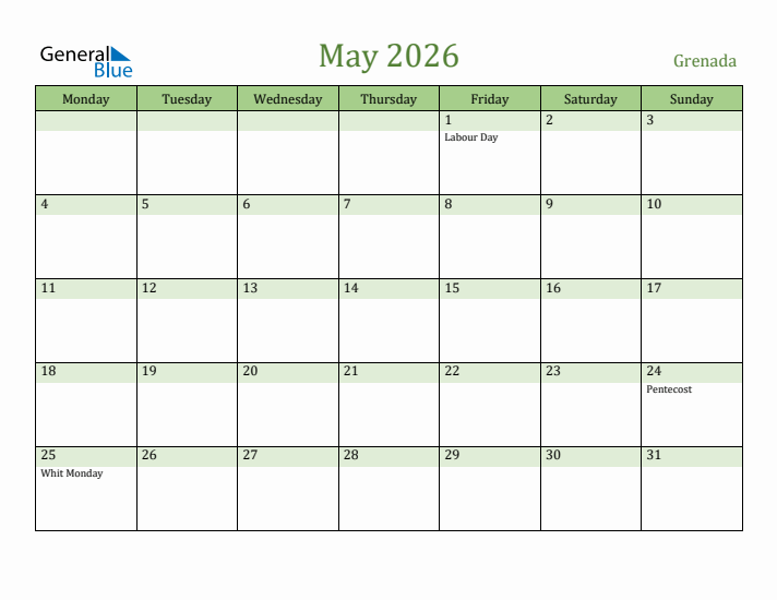 May 2026 Calendar with Grenada Holidays